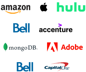 Logos of companies employing CodeWithChris students, including Amazon, Apple, Bell, Hulu, Accenture, MongoDB, Adobe, and Capital One