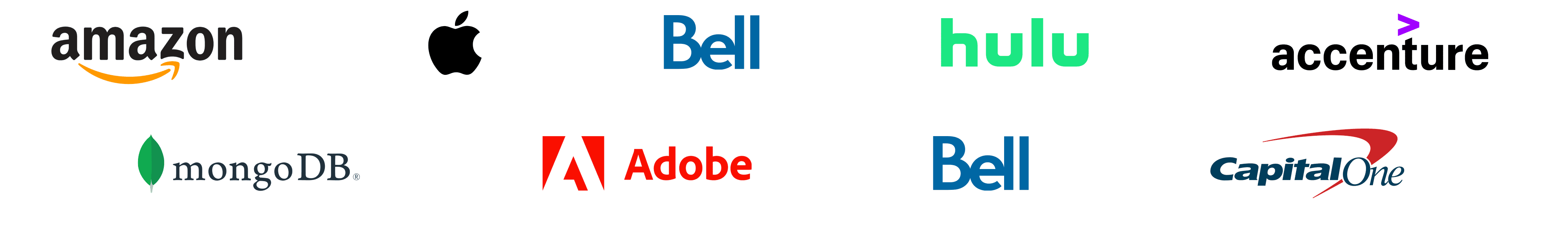 Logos of companies employing CodeWithChris students, including Amazon, Apple, Bell, Hulu, Accenture, MongoDB, Adobe, and Capital One